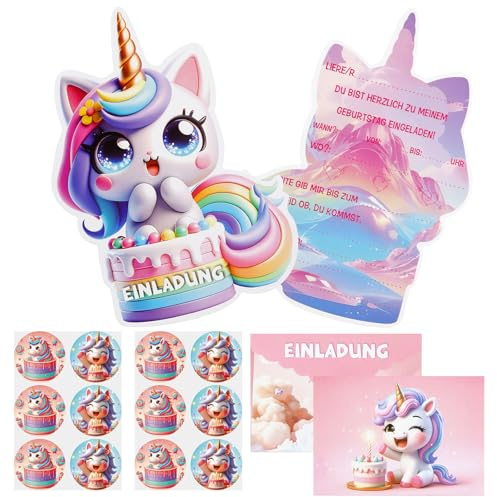 Xionghonglong 12x schöne Einhorn Einladungskarten Set Kindergeburtstag | Tolle Einladungskarten für Mädchen mit Umschlägen und Stickern,Perfekt für Geburtstagsfeiern und als kleines Geschenk