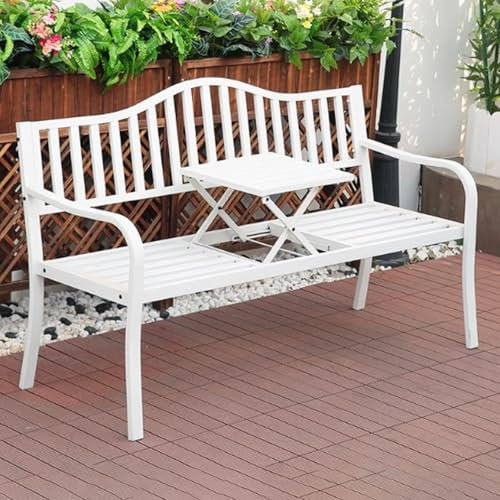 ENWYTE Außenbank Metall Gartenbank Mit Integriertem Tisch - 150 X 60 cm - Parkbank Bank Mit Klapptisch Ablage Für Garten Balkon Terrasse 500kg Belastbarkeit Wetterfest(B)