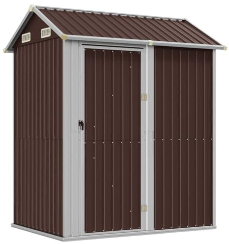 KOIECETA Gerätehaus Gartenhaus mit Schrägdach Tür Gartenschuppen Schuppen mit Stauraum Geräteschuppen Metallschuppen Braun 192x152,5x237 cm Verzinkter Stahl