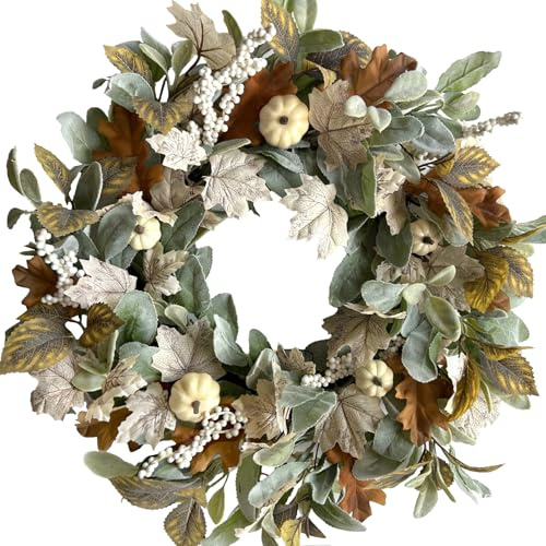 CIR OASES Fall wreath 20-inch Front Door wreath Handcrafted Rabbit Ear Leaves White Maple Leaves Pumpkin Berries Wreaths Thanksgiving Harvest Festival Party Wedding Decoration Indoor Outdoor Decor