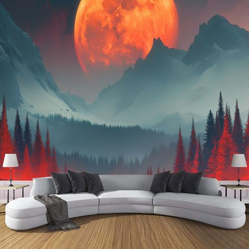 Roter Mond Berge Fototapete - Psychedelischer Wald - Größe 260X175Cm (Breite X Höhe) Wandtapete Tapete, Wandbild Wandtattoo Dekoration - Tapete, Kinderzimmer, Kindertapete