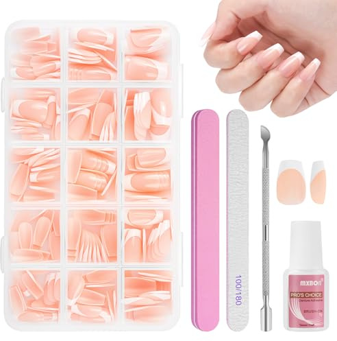 BUTBU 240 Stück Falsche Nägel Tips Set, Französisch falsche nägel Zum Aufkleben, 15 Größen French Press On nail set, Fake nails mit Kleber für Damen Und Frauen (Weiß Nude Kurz Ballerina)