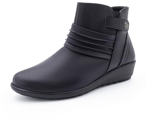 Cushion Walk Women's EEE Extra-Wide Fit Black Low Wedge Zip-up Chelsea Ankle Boots (8 UK, Black)