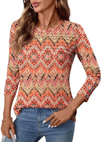 Kistore Blusas de manga larga para mujer, a la moda de otoño 2025, blusas casuales elegantes, cuello redondo, plisadas, con botones, camisetas tipo túnica, Rejilla de rombos naranja, XL
