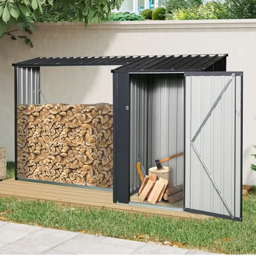 YOPTO 106.5 Outdoor Steel Firewood Rack Metal Storage Shed with Door and Reinforced Base,Multi-Functional 2 in 1 Waterproof Cabinet W/Roof,for Equipment Machines,Black