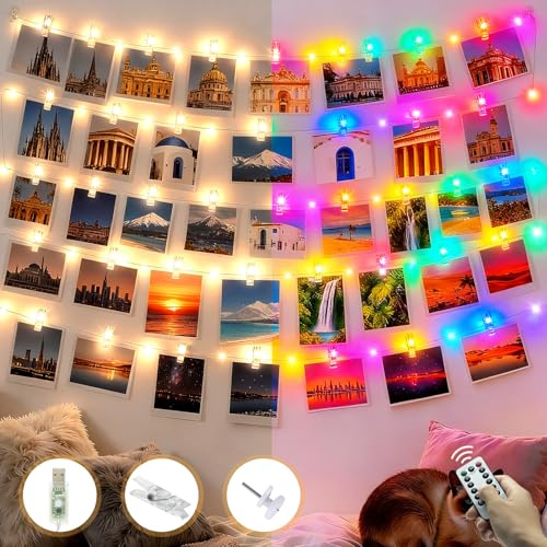 litogo Fotoclips Lichterkette, 5M 50LED USB Lichterkette mit Fernbedienungen, Fotos Wand mit Klammern Lichterketten Bilder für Wohnzimmer, Weihnachten, Hochzeiten, Party Warmweiß & Bunt | mit Fernbedienungen &30 Klammern Bilder für Zimmer, Wohnzimmer, Weihnachten, Hochzeiten, Party Zimmer, Warmweiß & Bunt
