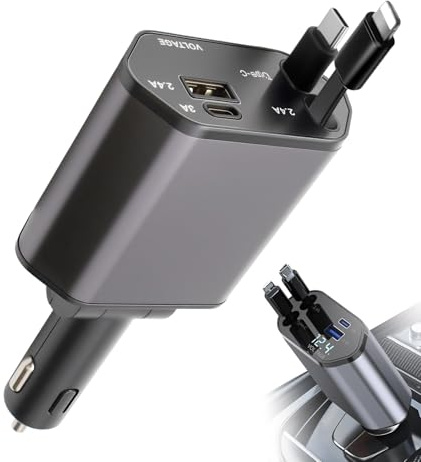 Caricabatterie da auto retrattile 4 in 1 da 66 W 12/24 V, adattatore per accendisigari USB-C con cavi per i-Phone e USB-C, caricabatterie USB per telefono a ricarica rapida compatibile con Galaxy