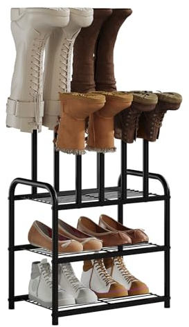 Kitsanery Shoe Rack - 3-Tier Metal Boot Rack Organizer for Entryway, Closet & Garage, Free Standing Shoe Shelf for Storage Tall Boots, Sneakers, Cowboy Boots, Black (Small - 4 Pairs)