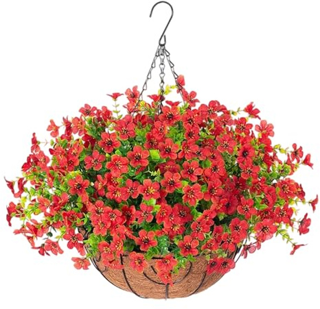 ZYMIADOU Artificial Violets Pansies Flowers In Coconut Hanging Basket For Outdoor Porch Garden Decoration With Realistic Florals Coconut Shell Hanging Basket