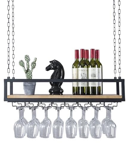 SCGSJZH Portabottiglie Vino Sospeso con Portabicchieri, Industriale Porta Bottiglie Vini per Montaggio a Soffitto, Bancone bar et Cucina Espositore Portavino con 4 Ferro Bastoncini Catena (100cm)