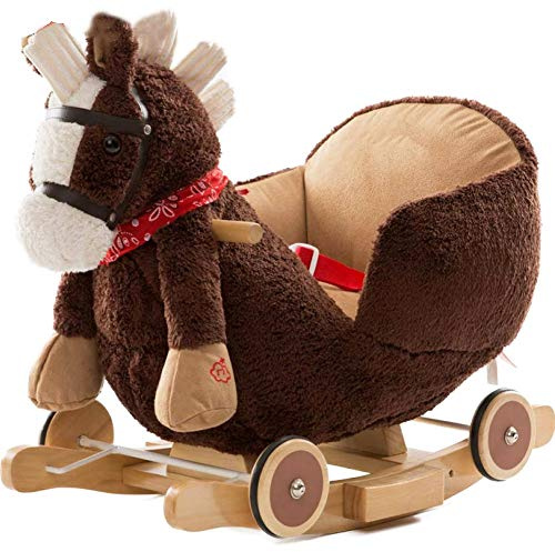 Bakaji Cheval à bascule en bois structure basculante avec roues Cavallino Poni 2 en 1 avec Fauteuil et sonnerie amusante pour les plus petits (Dark Brown)