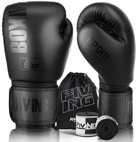 FIVING Boxing Gloves with Hand Wraps for Men and Women, Kickboxing, Mixed Martial Arts, Muay Thai, MMA, Heavy Bag Training (Black, 12oz)