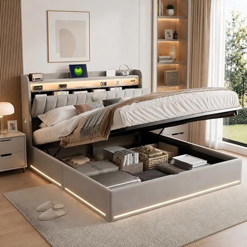 Letto 140x200 Contenitore Imbottito, Letto a Una Piazza e Mezza con LED, Prese USB e Testiera Portaoggetti, Rete a Doghe in Metallo, Letto in Velluto per Ragazzi e Adulti, Grigio (Senza Materasso)