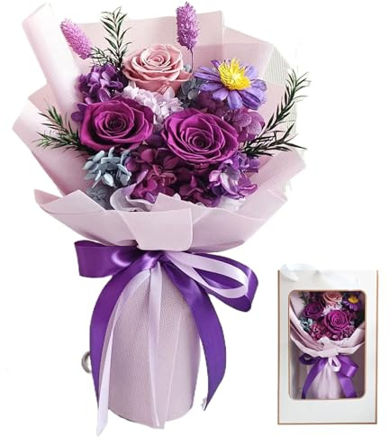 Latemeia Fiori stabilizzati Fiore stabilizzato a lunga durata Bouquet di fiori romantici Splendidi eterni Rosa eterna viola brillante per anniversario, compleanno, San Valentino