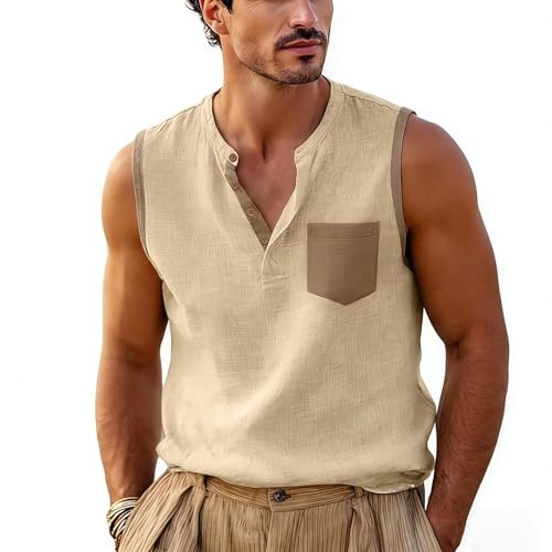 Tanktop Herren Sommer Leinen Shirt Ärmellos Henley V Ausschnitt Freizeitshirt Baumwolle Leinen Oberteil mit Brusttasche