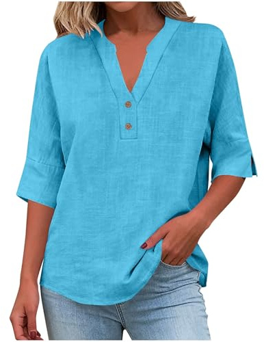 Camicia Donna in Cotone e Lino Estiva Maniche Corte Camicetta Elegante Curvy Scollo a V con Bottoni Camicie Lavoro Spiaggia Blusa Moda Casual T Shirt Leggero Comode Maglietta Tinta Unita Maglia Tee