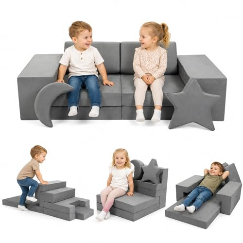 Krovtoy Divano modulare per bambini, 9 pezzi, divano da gioco per bambini, con cuscino a stella e luna, trasformabile come divano e castello giochi, grigio per bambini
