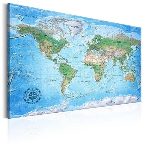 B&D XXL deutsch Weltkarte Pinnwand Kork & Vlies Leinwand Bilder 120x80cm XXL Zum Pinnen Groß Wandbild Rückwand Set mit 50 Markierfähnchen Wanddeko - Pins Deko Korktafel Lernkarte Landkarte World Map