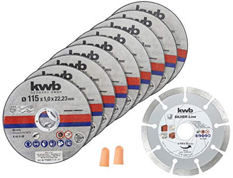 kwb Trennscheiben-Set, 115 mm, für Edelstahl und INOX, Dünn und Diamant, mit Aufbewahrungs-Dose und Ohrstöpsel