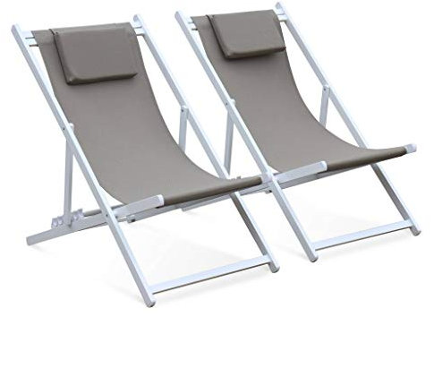 Alice's Garden - 2er Set Sonnenliegen - Taupe - Liegestuhl aus Aluminium und Textilene mit Kopfstützenkissen, Liegesessel klappbar - Gaia