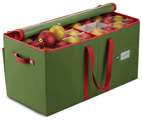 ZOBER Large Christmas Ornament Storage Box - Stores 128 3 Ornaments, With Dividers - Ornament Organizer Storage Box, Durable Christmas Containers Holder - Extra Pockets, Dual Zipper - Green