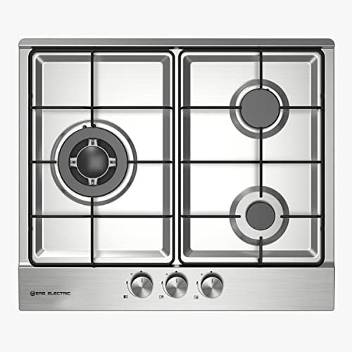 EAS ELECTRIC SMART TECHNOLOGY Gas Hob - Stainless Steel 60 cm - 3 Burners - Butane & Natural Gas - Self-Ignition - Triple Flame Fire - Wok Ring