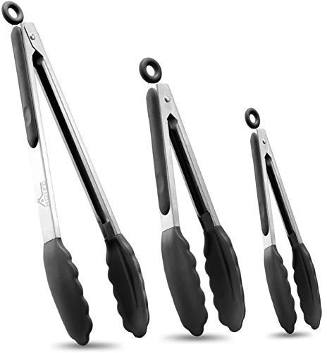 Hotec Pinze da Cucina,Pinza Spaghetti,Pinze de Barbecue Acciaio Inoxe Silicone di Alta qualità,Sistema di Bloccaggio Intelligente,Set da 3,Nero