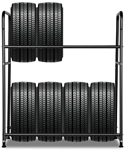Lospitch Reifenregal Reifenständer | Stahlkonstruktion in Zwei Schichten | 8 Reifen | 107×46×117cm | Pulverbeschichtet | Werkstattregal Metall Garagenregal Kellerregal Lagerregal mit Reifenschutzhülle