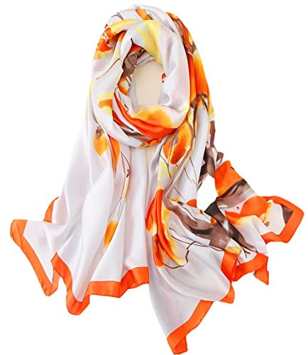WEIGEER Silk Scarf Women Green Shawl Stain Neckerchief Head Wraps Thin Scarf Ladies Beach Shawl Vintage Painting Bridal Belt Chiffon Scarf Muslim Colourful Cloth Birthday gifts (White-orange)
