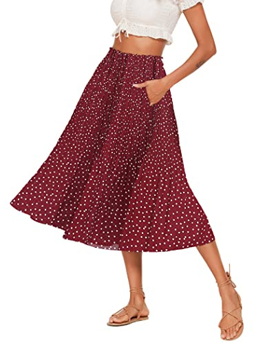 Parabler Jupe en mousseline pour femme - Style bohème - Rétro - Maxi jupe plissée - Jupe d'été - Avec poche