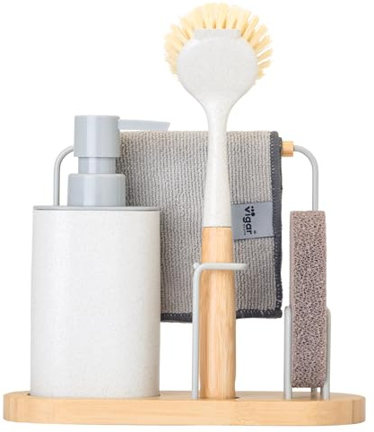 VIGAR - Organizador Fregadero - con Dosificafor de Jabón de 350 ml - 22 x 8,5 x 26 cm - Vintage - con Esponja, Bayeta y Cepillo Lavaplatos - para Fregar Platos - Blanco y Bambú