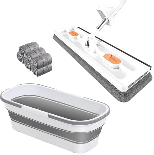 GOFOHIMI Mopa Plana Grande, Mopa mágica de 360 Grados Self Wringing Wall Mop para raspador de Limpieza de Pisos Planos para fregona de Ventanas de Limpieza,Blanco,Fregona+6 Almohadillas+Cubo