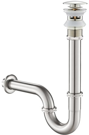 Set de sifón de diseño con desagüe con rebosadero KEOKBON Sifón 1 1/4 x 32 mm Válvula Pop Up para lavabo y lavabo, sifón tubular de acero inoxidable, cierre de olor, níquel cepillado