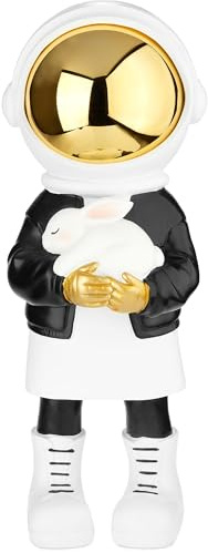 BRUBAKER Dekofigur Astronautin mit weißem Hasen - 33 cm Spaceman Weltraum Figur mit schwarzer Jacke und verchromtem Helm - Handbemalte Moderne Statue Astronaut - Gold, Schwarz und Weiß