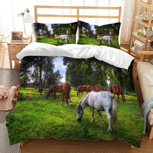 Jingzhang Horse Duvet Cover Set 3Pcs,3D Printed Green Meadow Herd Bedding Set with Zipper Beautiful Forest Herd Comforter Cover with 2 Pillow Shams,Queen Size