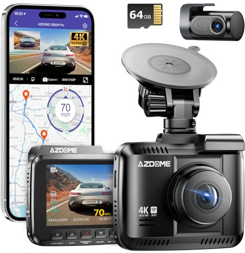 AZDOME Dashcam Auto Vorne Hinten 4K/2,5K GPS WiFi Dash Cam Auto mit Starvis, 64GB SD Karte, Auto Kamera, Parküberwachung, Super Nachtsicht, WDR, 170° Weitwinkel, G-Sensor, Loop-Aufnahme, GS63H Pro