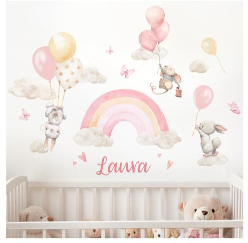 DEKO KINDERZIMMER Wandtattoo personalisiert Regenbogen für Mädchen Babyzimmer Wandsticker mit Wunschname Wandaufkleber Kinderzimmer Wanddeko DK1151-03