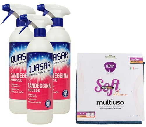 SET PULIZIA: 3x Quasar Candeggina Mousse, Sgrassa e Sbianca, Igienizza, Rimuovi Muffa 580ml + In Omaggio Panno Microfibra Soft Multiuso 33x33