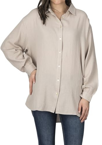 DENIMFY Musseline Bluse Damen Oversized DFMathilda Hemdbluse Sommer Langarm Knopfleiste Einfarbig 100% Baumwolle Beige M-L, Größe:M/L, Farben:Light Sand