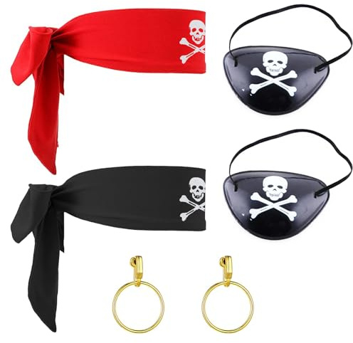 QSZHSL 6 Stücke Piraten Kostüm Zubehör Set, Piraten Accessoires, Piraten Bandana, Piraten Augenklappen, Piraten Kopftuch, Piraten Kapitän Dress Up Set für Halloween Deko Piratenparty (6 Stücke)