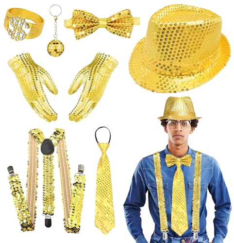 Roser, 70-tals och 80-tals glitter tillbehör för män, disco kostym med hatt, hängslen, fluga, slips och outfit för karneval och fest