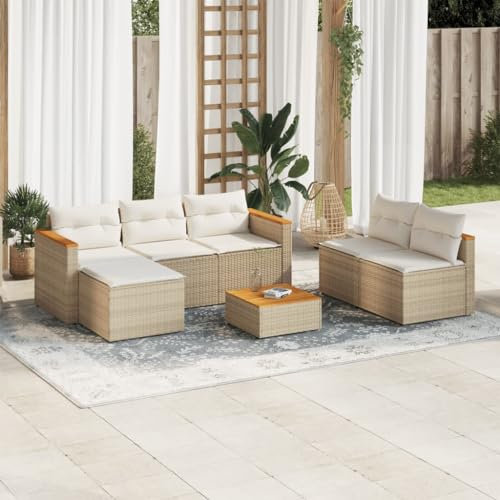 Sufrk Gartenmöbel-Set, 5-teilig, mit Kissen, beige, Polyrattan, Akazie, Loungeset aus Rattan für den Außenbereich, mit modularem Sofa