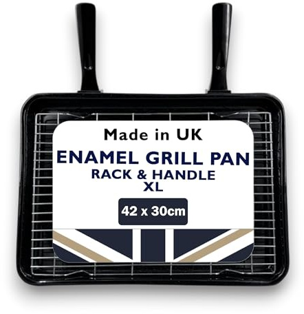Vitreous Enamel Universal Grill Pan & Handle, Grill Pan for Oven, Oven Tray, Oven Pan Tray with Rack, Pan Handle UK Made for Caravan, Campervans, Ovens & Grills (XL 42 x 30 cm)
