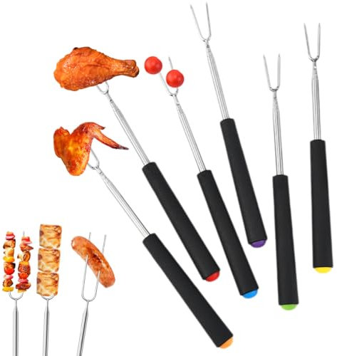 OUDQFCJ 6 Pezzi Spiedini Telescopici per Marshmallow, Bastoncini per Arrostire, Forchettone Barbecue Spiedini Acciaio Espandibile con Manici Isolati, Forchette Tostare per Campeggio Falò (estendibile)