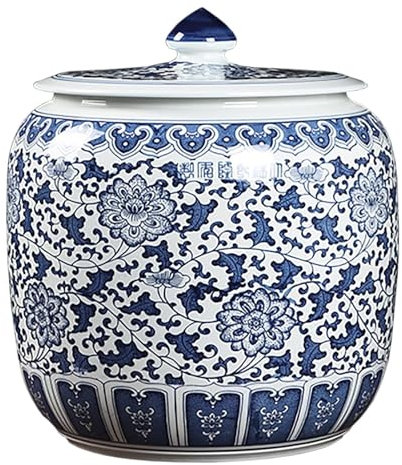 HOLGVE Ceramic Rice Bucket, Blue And White Retro Food Storage Container, Ceramic Rice Cylinder Rice with Lid, Sealed Rice Storage Box Food Dispensers(Blue-B-20KG)
