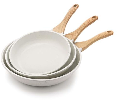 SENSARTE Nonstick Frying Pan Skillets, White Ceramic Coating Omelette Pans, Healthy Cookware Chef's Pan, Free of PTFE & PFAS (9.5+11+12.5 Inch)