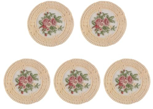 Laroal 5 PCS 12cm White Embroidered Potholder Cup Coaster Dollies Tabletop Flower Coasters Drinks Floral Table Mat Embroidered Flower Coaster