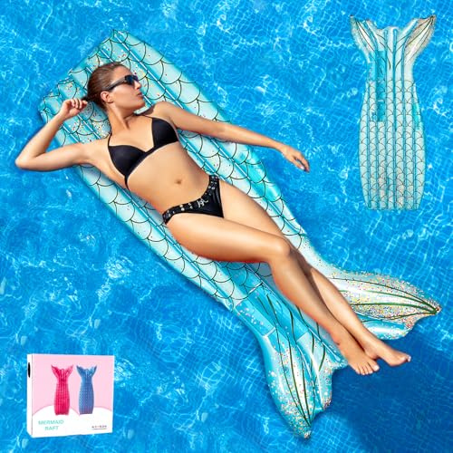Dwafill Pool Aufblasbares Bett in Meerjungfrau Schwanzform Sommer Pool Spielzeug Tragbar Große Aufblasbare Bräunung Pool Freien Schwimmende Flöße (Blue)