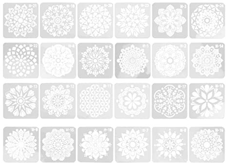 24 PCs Mandala -Schablonen wiederverwendbar, Mandala -Malvorlagen 24 Styles Blumendesign MOOL für Möbelstein Holz im Freien Innendekoration im Freien