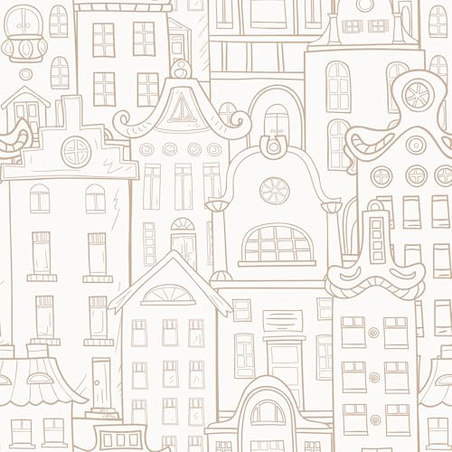 VEELIKE Whimsical Cityscape Peel and Stick Wallpaper Hand-Drawn Townhouse Wall Mural for Nursery Kids Room 17.7''x118'' Self Adhesive Removable Scandinavian City House Wallpaper for Bedroom Bathroom